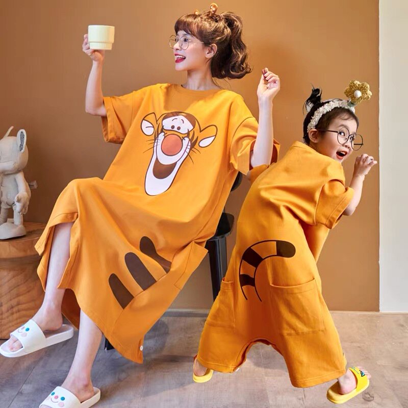 夏季纯棉短袖连体亲子防走光斤睡裙 甜雪妮睡裙