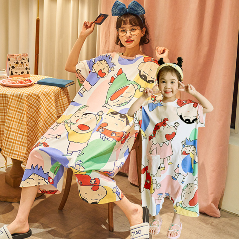 母女连体夏季薄纯棉少女女童空调服 甜雪妮睡裙