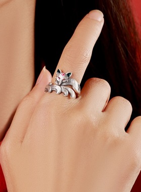 新品复古九尾灵狐戒指可爱小狐狸