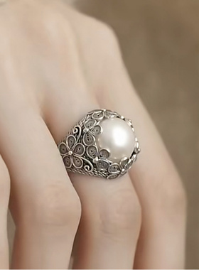 镀S925银花丝镶嵌戒指女复古做旧国潮花朵气质文艺范轻奢高级感开