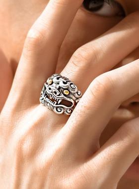 新品霸气素唐狮戒指单身戒可调节