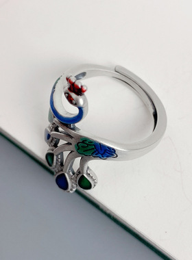 新品彩色孔雀戒指女活口烧蓝工艺