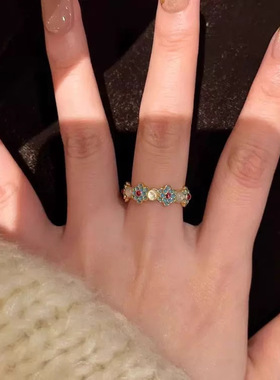 新品新中式青花瓷珐琅白玉髓戒指