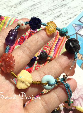 Sweet手作 天然绿松石蜜蜡南红水晶银曜石醒狮多宝手链手串 包邮