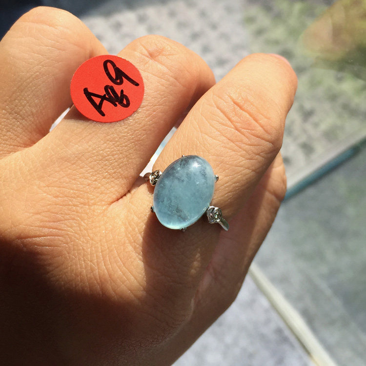 Special offer, free shipping, worry-free aquamarine large cabochon ring