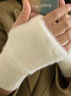 Mink Fleece Soft Winter Half Finger Gloves Women Warm Luxury