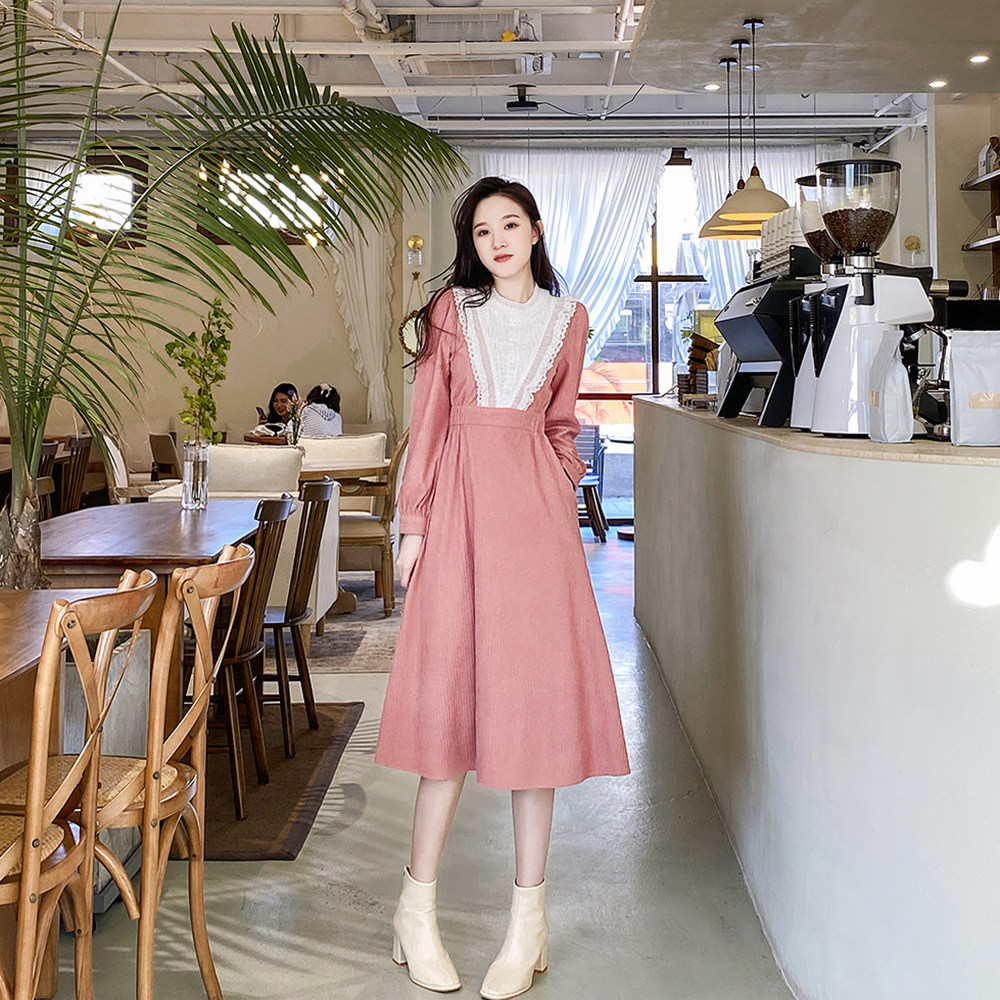 法式桔梗复古灯芯绒连衣裙女秋冬气质显瘦打底裙别致蕾丝内搭长裙,淘宝优惠券,粉丝福利购,淘宝优惠卷