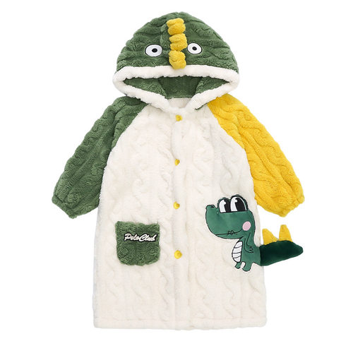 儿童睡袍男童冬季法兰绒睡衣宝宝长款连帽防着凉浴袍恐龙居家浴衣 - 图0