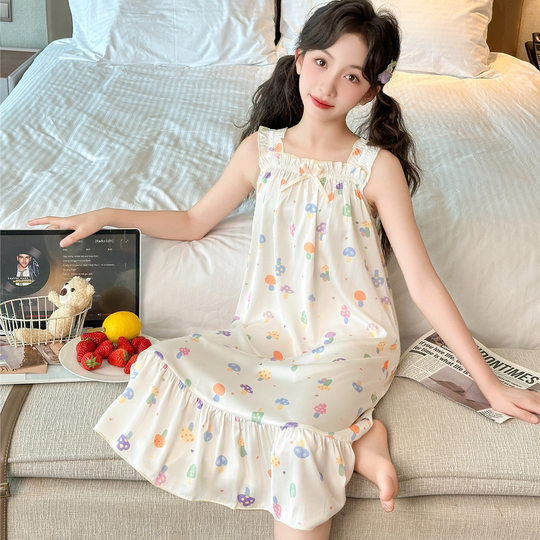 新款女童冰雪丝睡裙夏季吊带裙儿童小女孩中大童冰丝家居服可外穿