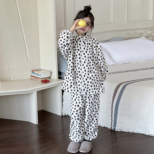 女童睡衣2025大童初中生秋冬加厚珊瑚绒半边绒家居服套装儿童保暖 - 图1