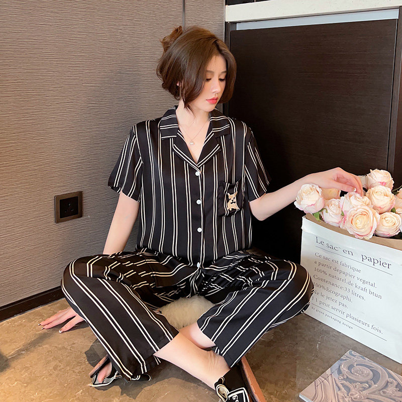 条纹刺绣冰丝2023高级感春秋款睡衣 罗米顿睡衣/家居服套装