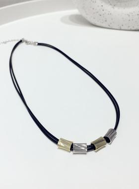 混搭条纹立体圆管子多层黑绳项链