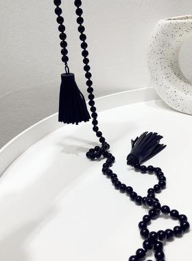 黑色圆珠子串珠PU流苏长款毛衣链