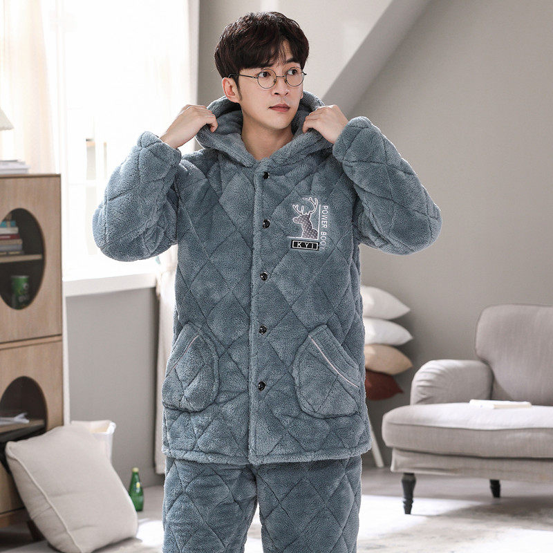 男秋冬季珊瑚绒加绒三层夹棉睡衣 索妮洁睡衣/家居服套装