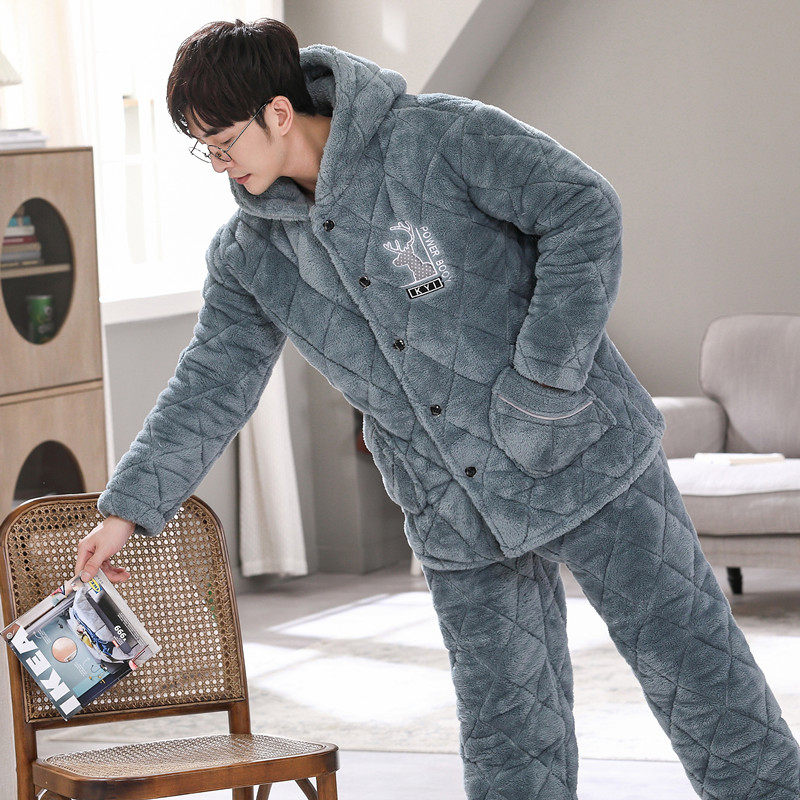 男秋冬季珊瑚绒加绒三层夹棉睡衣 索妮洁睡衣/家居服套装