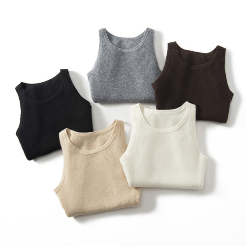 秋冬新款100%纯山羊绒修身圆领抽条吊带针织背心打底羊绒衫女 - 图1