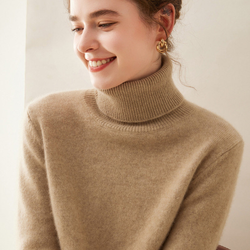 秋冬新款100%纯山羊绒衫女高翻领7针加厚保暖套头毛衣针织打底衫