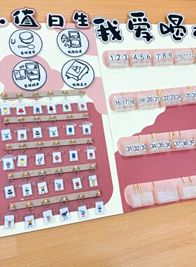 幼儿园值日生光盘行动小班签到墙打卡环创挂牌粉色系进区域规则牌