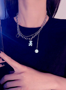 韩系双层笑脸小熊吊坠项链