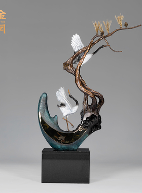 松鹤延年铜金岁月全黄铜摆件