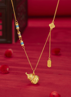 中国风大福字葫芦吊坠项链女黄金色时尚高端缎带链条