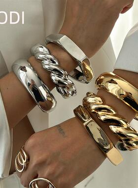 欧美跨境饰品 重工设计弧形切边手镯 不规则光面合金Bracelet套装