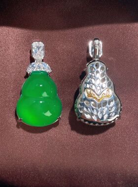 中式复古银镶玉翡翠葫芦欧泊项链