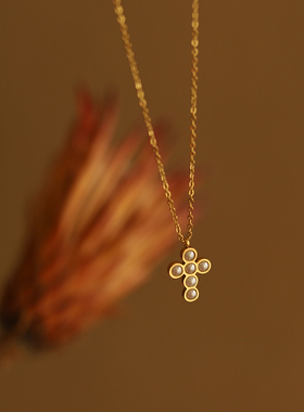 十字珍珠项链钛钢复古短款