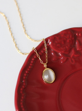 XL390 黑白色猫眼石丝绒光泽椭圆复古项链锁骨链 钛钢镀18K金保色