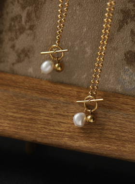 XL470 极简INS度假风OT扣天然珍珠项链锁骨链 钛钢首饰