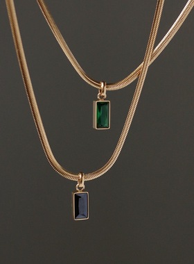 祖母绿蛇骨欧美方钻黑色项链