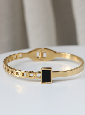 几何黑方块钛钢镀18K玫瑰金手镯