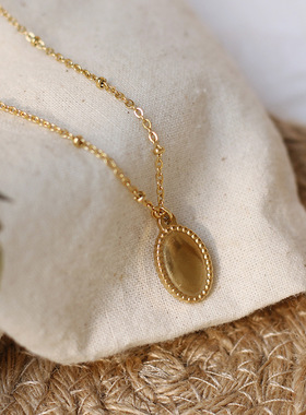 法式复古珠边魔镜椭圆光面项链