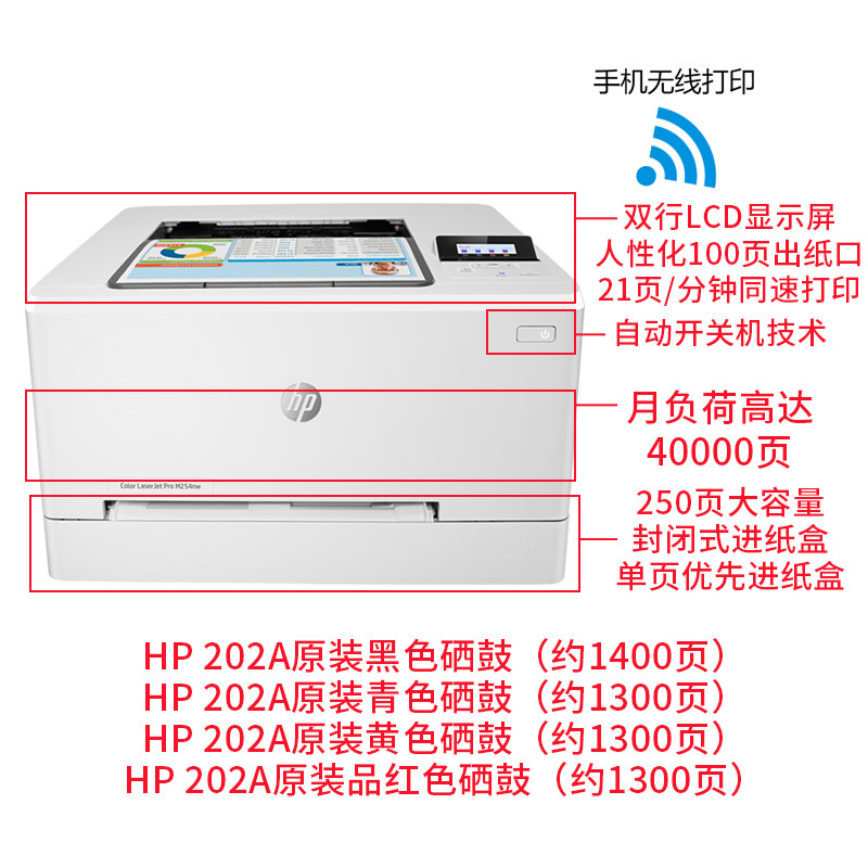 hp惠普m254nw彩色激光彩印印打印机 惠普中之途激光打印机