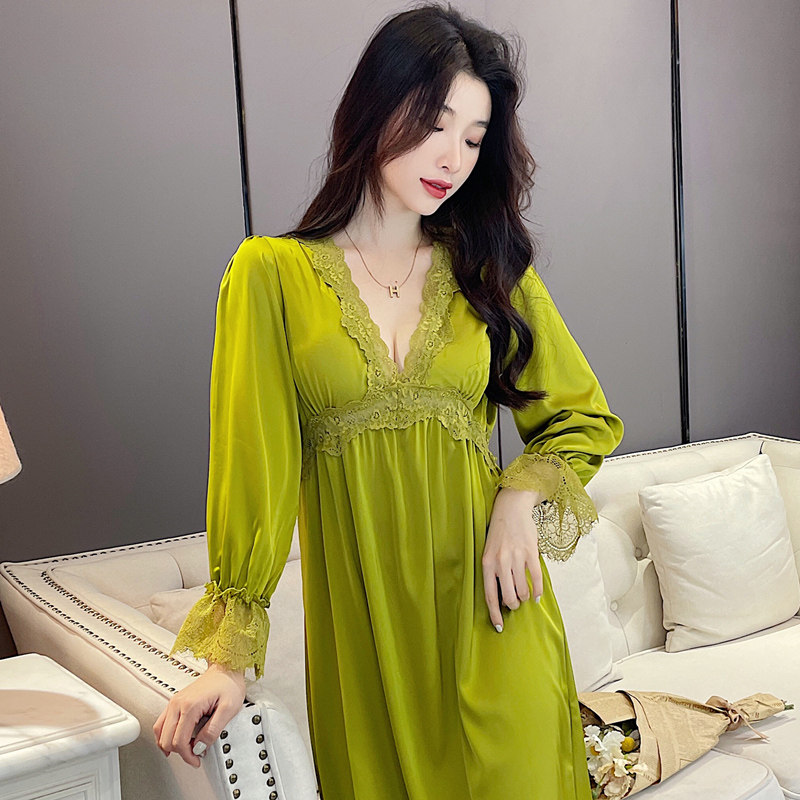 睡裙女秋冬季冰丝女士可外穿睡衣 橙色海芋睡裙