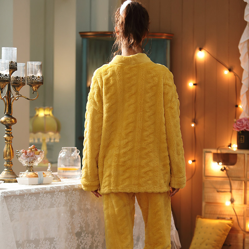 冬季珊瑚绒冬款冬天加绒可爱睡衣 橙色海芋睡衣/家居服套装