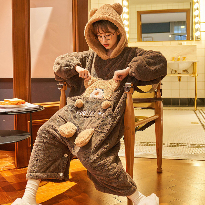 连体秋冬季法兰绒长袖卡通孕妇睡裙 橙色海芋睡裙