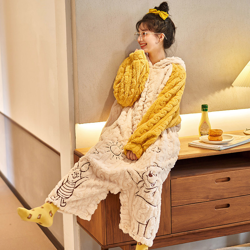 连体秋冬季珊瑚绒长袖卡通孕妇睡裙 橙色海芋睡衣/家居服套装