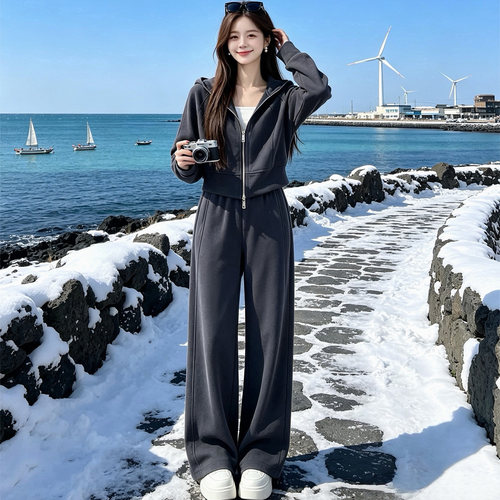 连帽拉链短款外套运动套装女春秋季休闲风宽松显瘦阔腿裤两件套潮 - 图1
