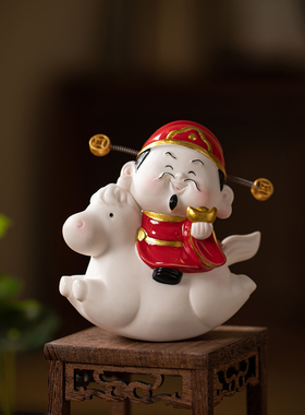 陶瓷财神骑马摆件趣味摇摇马