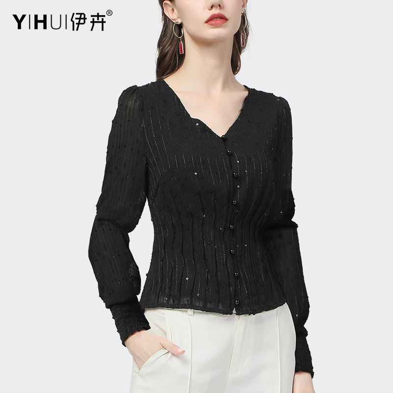 欧洲站气质v领修身显瘦亮片雪纺衫 伊卉蕾丝衫/雪纺衫