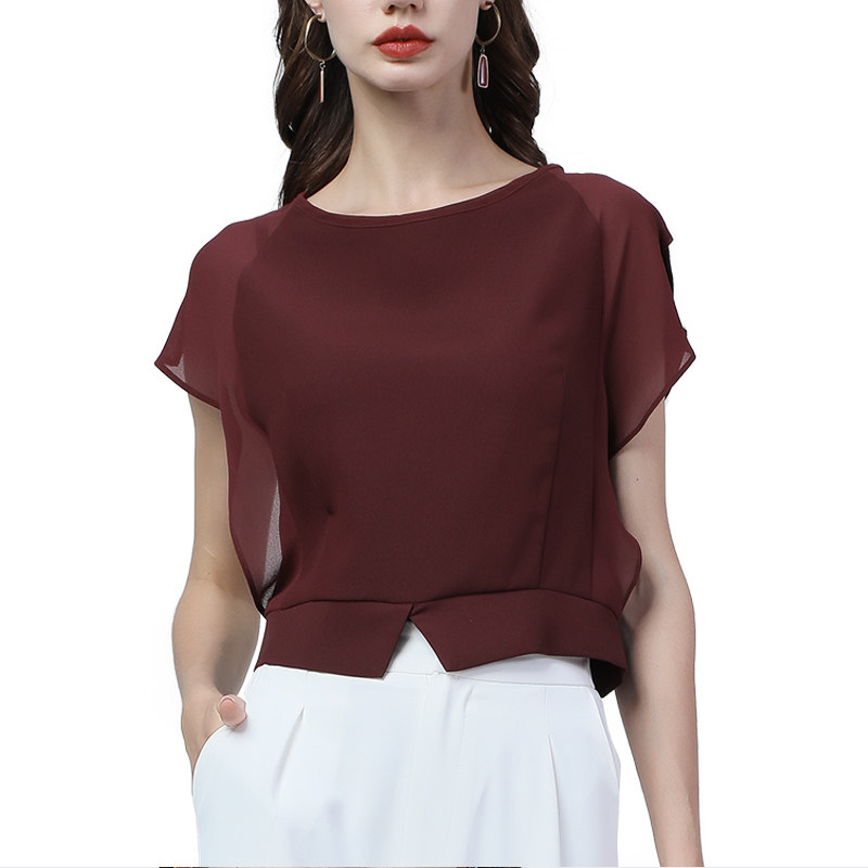 短袖气质圆领雪纺衫短款洋气t恤 伊卉蕾丝衫/雪纺衫