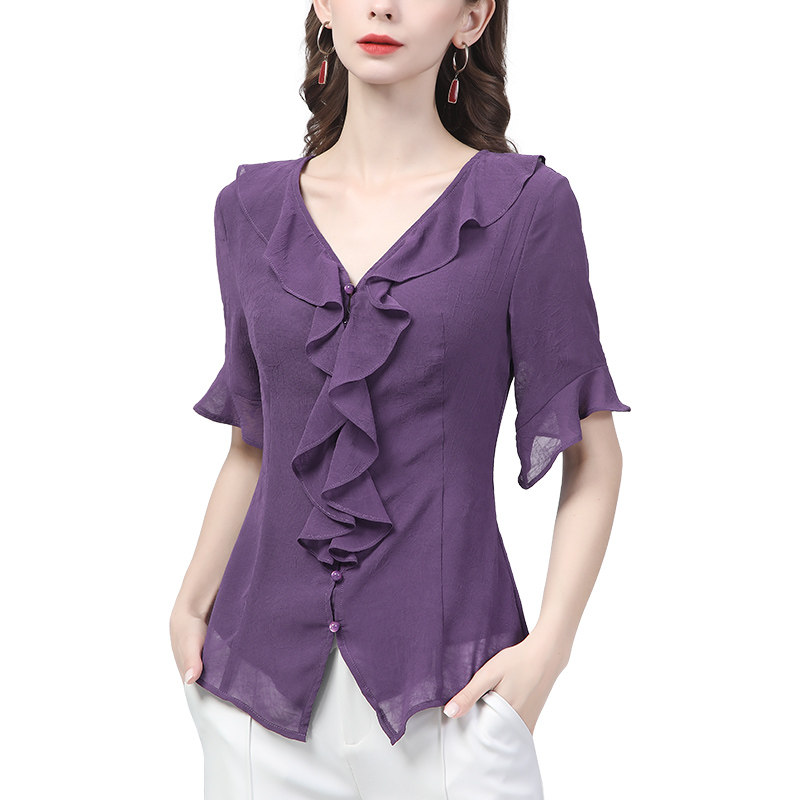 雪纺衫设计感荷叶边短袖v领衬衫 伊卉蕾丝衫/雪纺衫