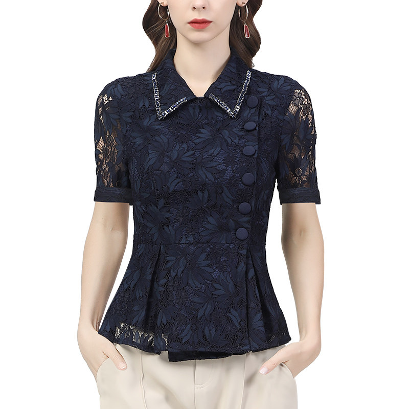 蕾丝衫短袖设计感重工钉珠洋气衬衫 伊卉蕾丝衫/雪纺衫