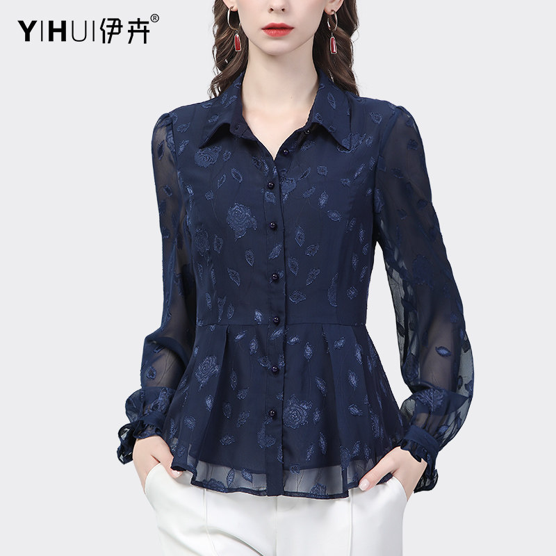 雪纺衫女春装长袖职业polo通勤衬衫 伊卉蕾丝衫/雪纺衫