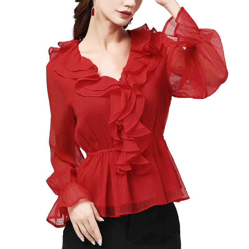 喇叭长袖荷叶边v领红色收腰雪纺衫 伊卉蕾丝衫/雪纺衫