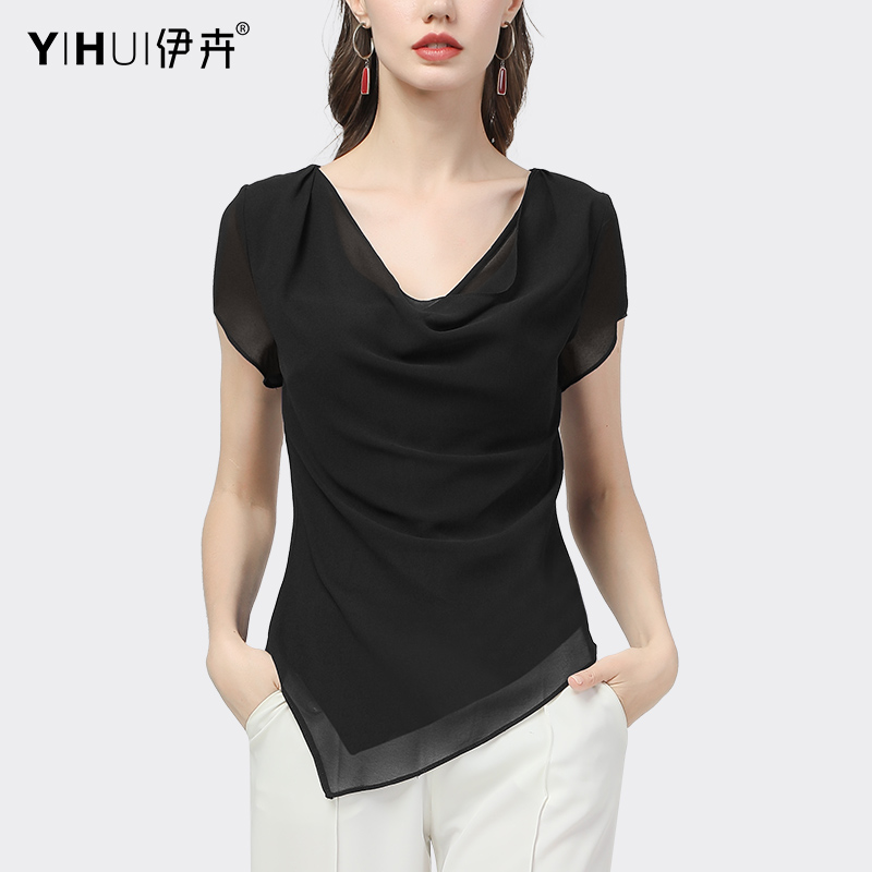 夏季新款短袖设计感v领洋气雪纺衫 伊卉蕾丝衫/雪纺衫