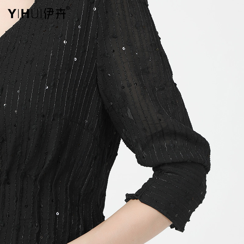 欧洲站气质v领修身显瘦亮片雪纺衫 伊卉蕾丝衫/雪纺衫