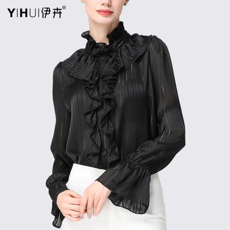 2022春装新款荷叶边立领喇叭衬衫 伊卉蕾丝衫/雪纺衫