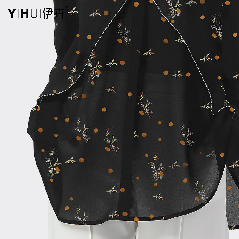 宽松碎花雪纺衫长袖气质中长款衬衫 伊卉蕾丝衫/雪纺衫